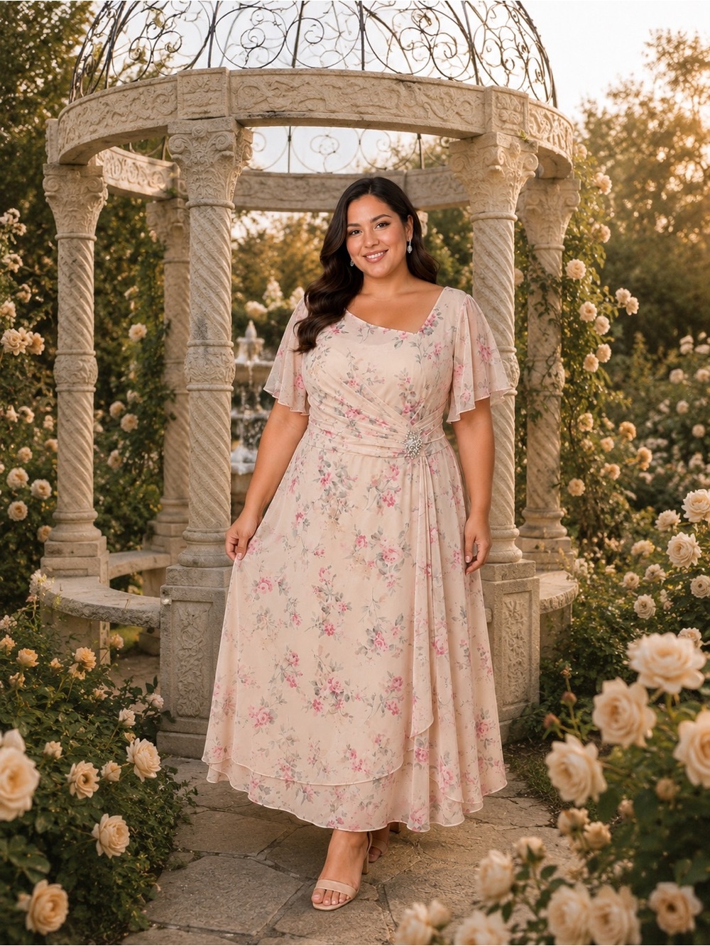 #15-13 Pale Peached Beige tone colored, floral-patterned  tea-length dress